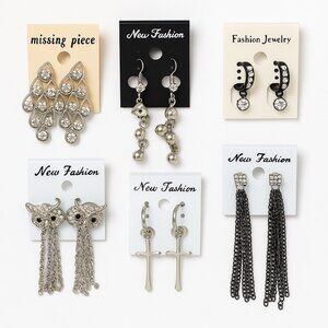 Lot of 6 Silver & Black Statement Earrings – Rhinestone, Chains, Cross Dangles